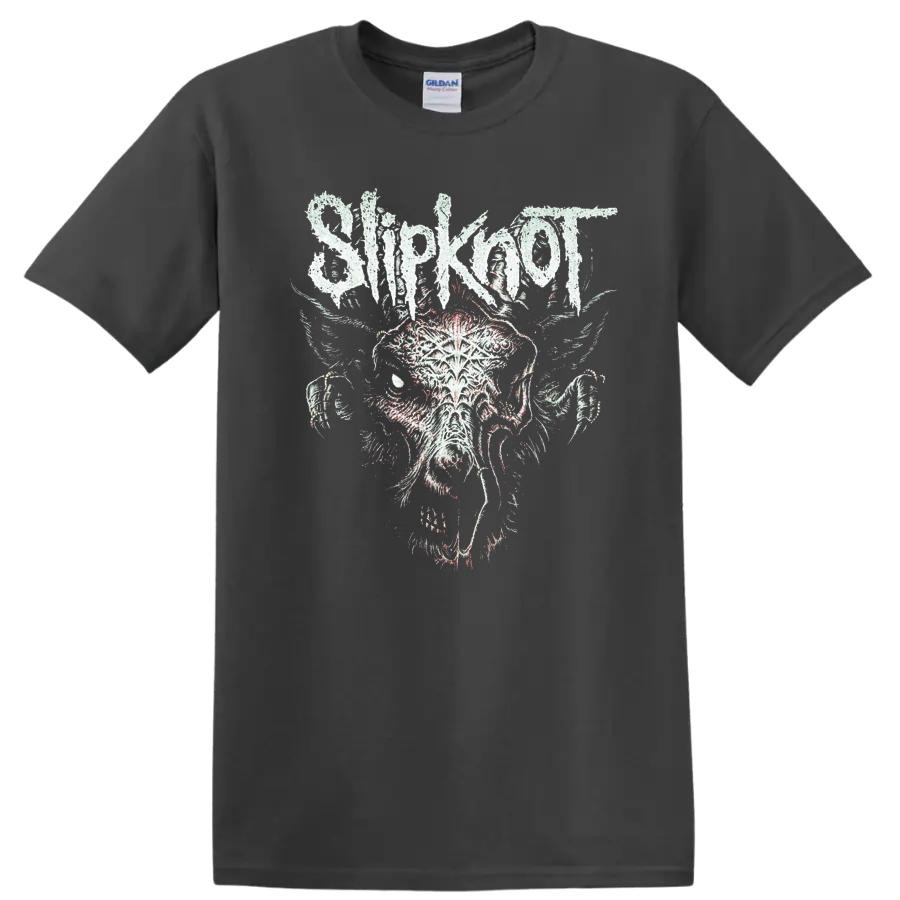 Distressed Slipknot wordmark above a snarling rotting goat illustration on a Charcoal T Shirt