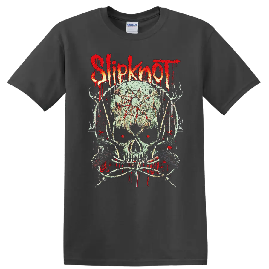 Slipknot skull graphic with red eyes, forehead symbol, dripping red flames, and dark on a Charcoal T Shirt