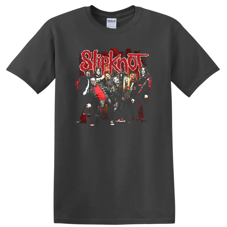 Slipknot masked band photo collage with distressed red logo and dark rock artwork on a Charcoal T Shirt