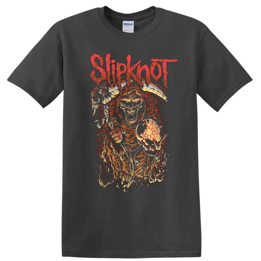 Slipknot distressed hooded skull with winged horror art and symbolic globe on a Charcoal T Shirt