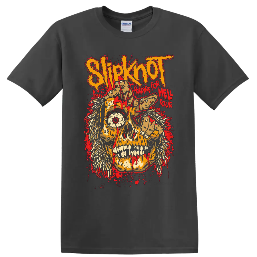 Slipknot Prepare for Hell Tour distressed skull, flames, skeletal hands, and red splatter on a Charcoal T Shirt