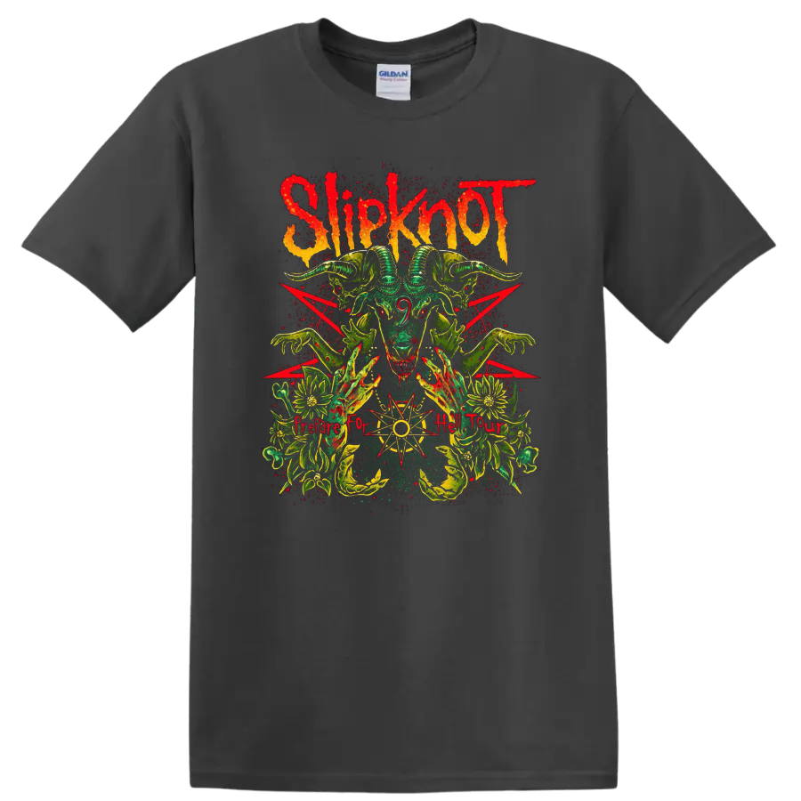 Slipknot Prepare for Hell Tour horned goat skull with occult-style grunge artwork on a Charcoal T Shirt