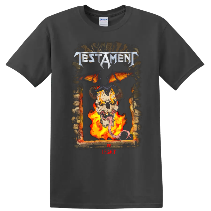 Testament The Legacy horned skull, bat wings, demon silhouette, and flames metal artwork on a Charcoal T Shirt