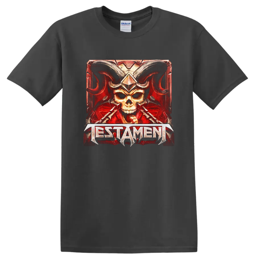 Testament horned skull heavy metal graphic with red armored border on a Charcoal T Shirt