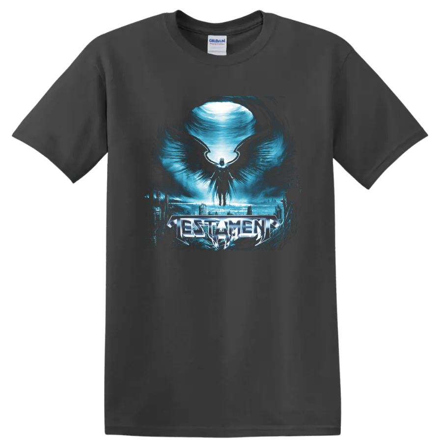 Testament logo with winged figure over icy blue dark fantasy cityscape on a Charcoal T Shirt