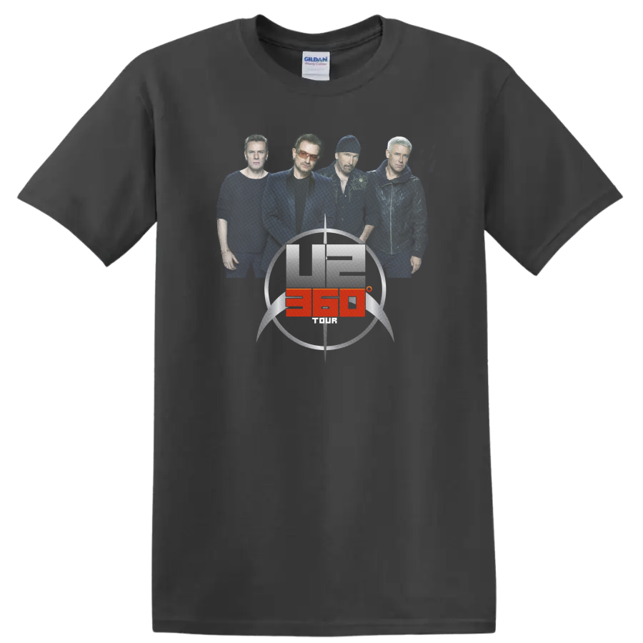 U2 360° Tour band portrait with circular stadium emblem and red accent on a Charcoal T Shirt