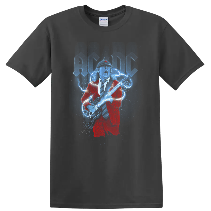 Angus Young AC/DC guitarist in red suit with electric guitar and blue lightning on a Charcoal T Shirt