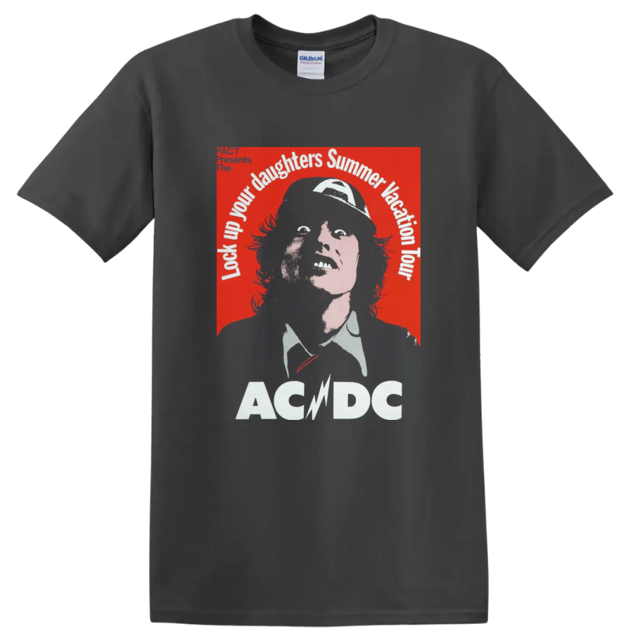 Angus Young portrait with AC/DC Lock Up Your Daughters Summer Vacation Tour text on a Charcoal T Shirt