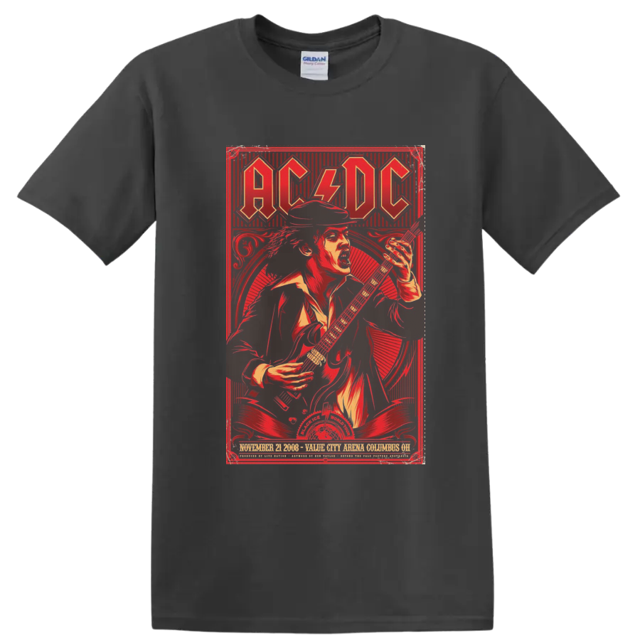 AC/DC Black Ice World Tour poster art with Angus Young playing electric guitar on a Charcoal T Shirt
