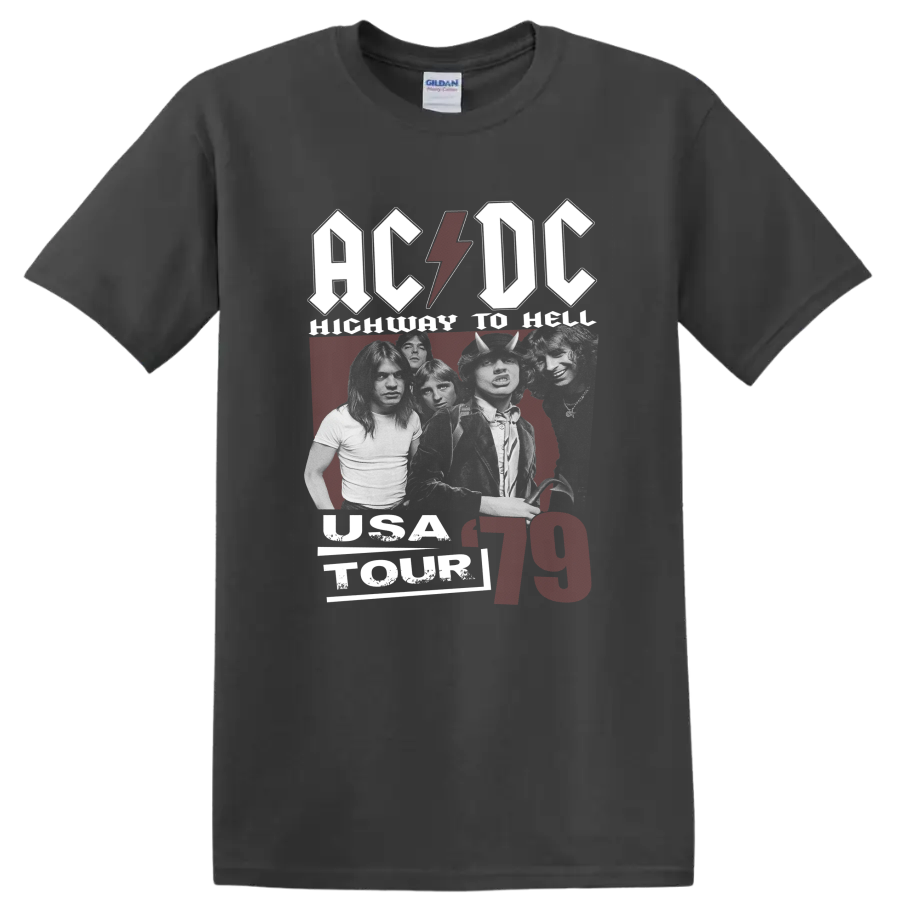 AC/DC Highway to Hell 1979 graphic with Bon Scott, Angus Young, and lightning bolt on a Charcoal T Shirt