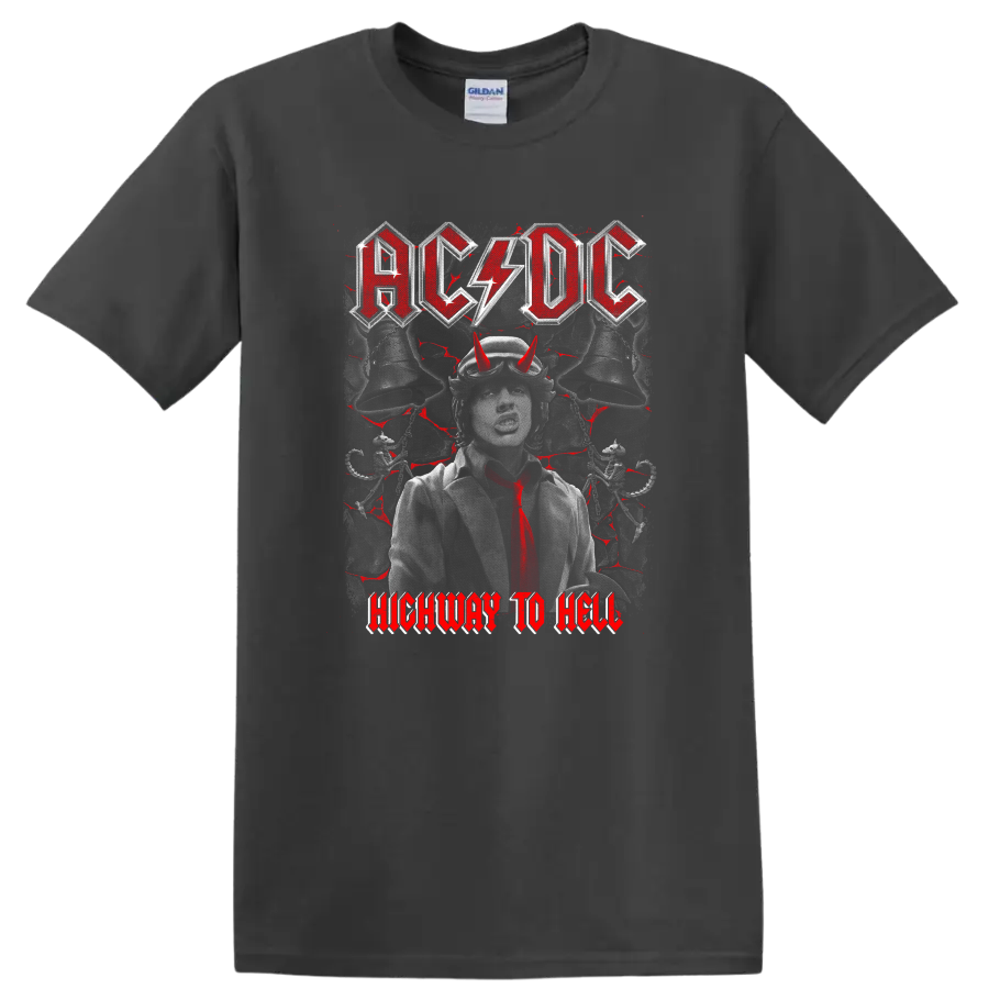 AC/DC Highway to Hell Angus Young portrait with devil horns and distressed rock art on a Charcoal T Shirt