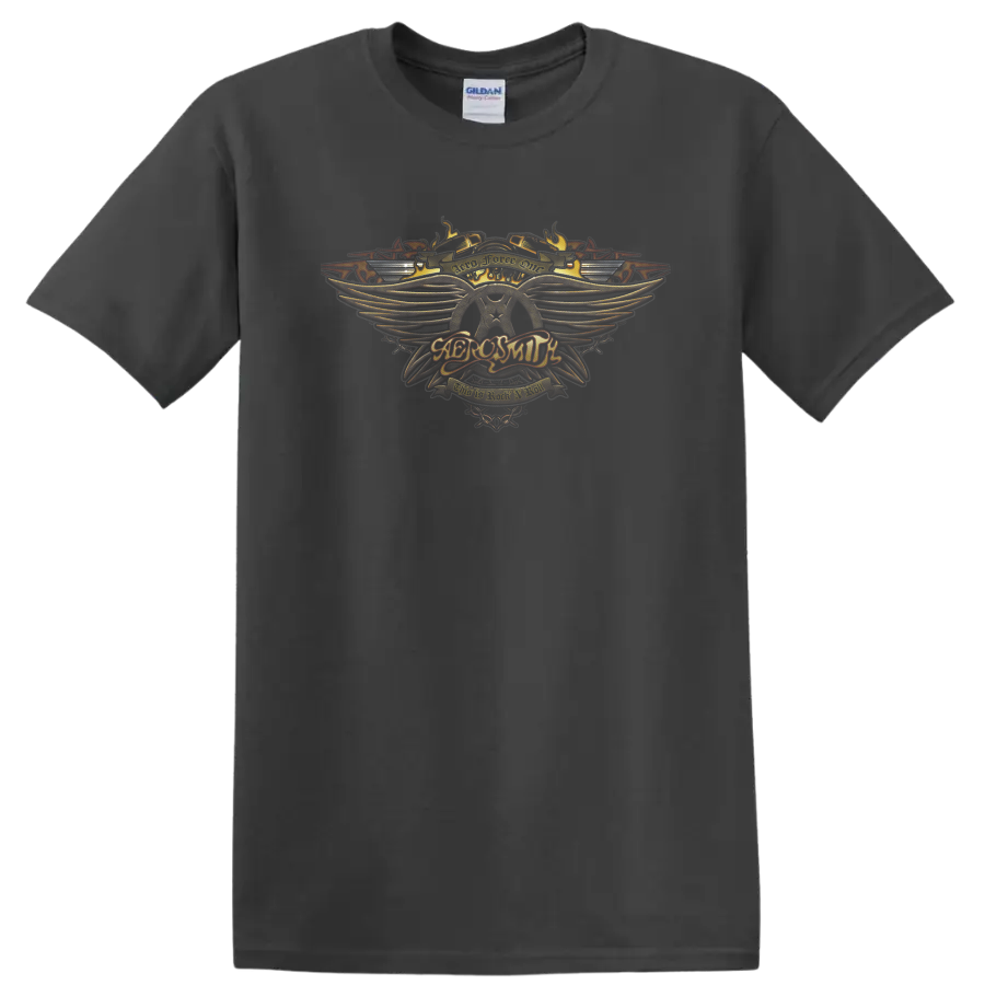 Aerosmith Aero Force One winged crest in ornate vintage rock style on a Charcoal T Shirt