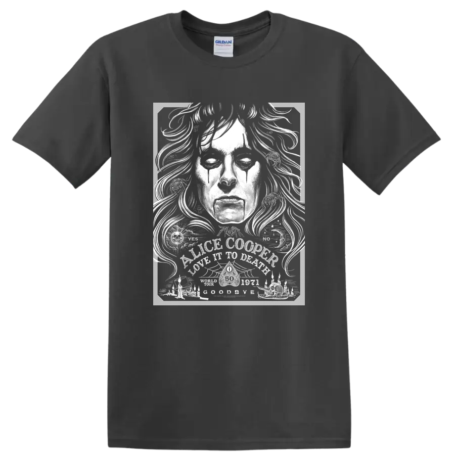 Alice Cooper high-contrast black and white rock portrait graphic on a Charcoal T Shirt