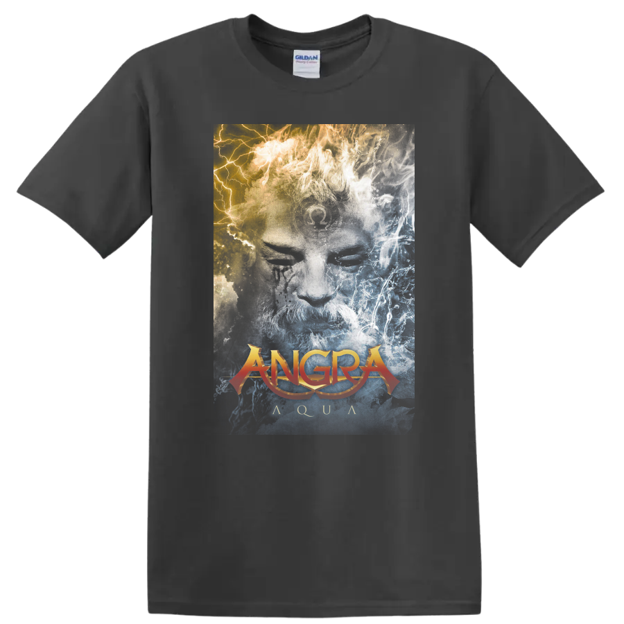 Angra Aqua album art with blue water textures, gold light, and orange logo on a Charcoal T Shirt