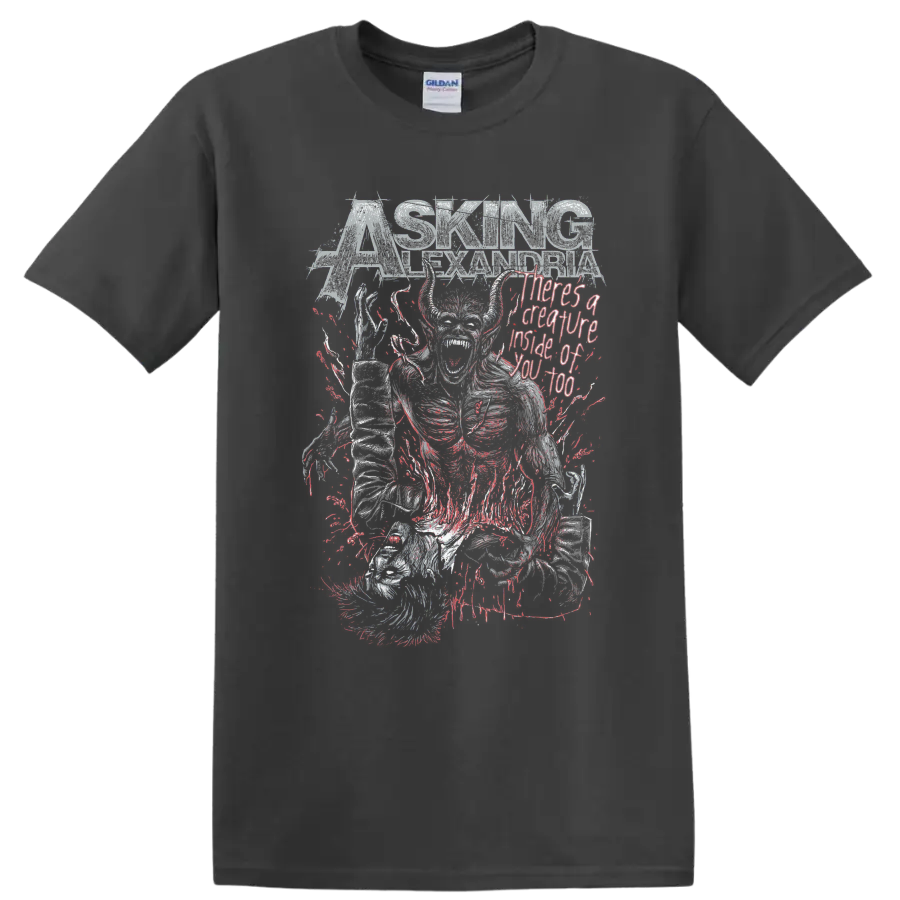 Asking Alexandria Creature distressed metal graphic with skeletal figure on a Charcoal T Shirt