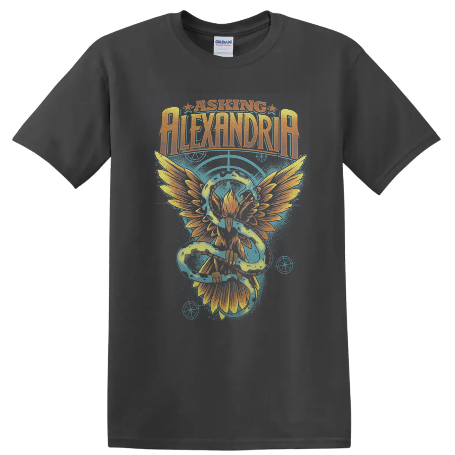 Asking Alexandria distressed logo with winged phoenix and electric blue energy artwork on a Charcoal T Shirt