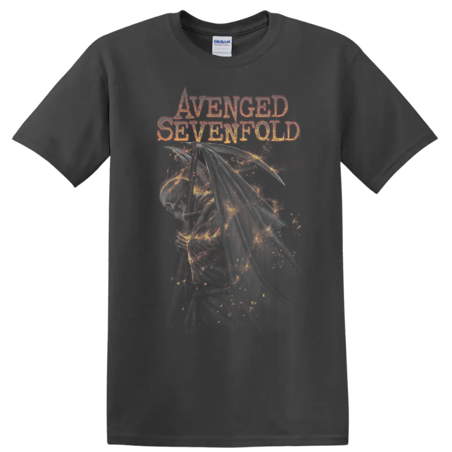 Avenged Sevenfold distressed lettering above a detailed winged Deathbat skull graphic on a Charcoal T Shirt