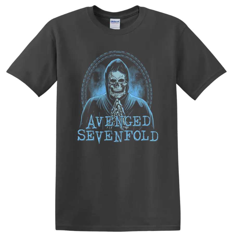 Avenged Sevenfold hooded skeleton with circular feather frame and distressed lettering on a Charcoal T Shirt