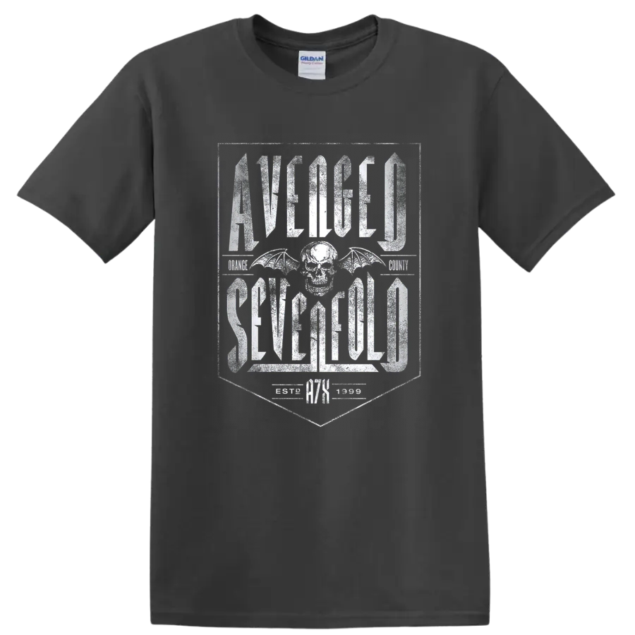 Avenged Sevenfold distressed lettering with winged skull emblem on a Charcoal T Shirt