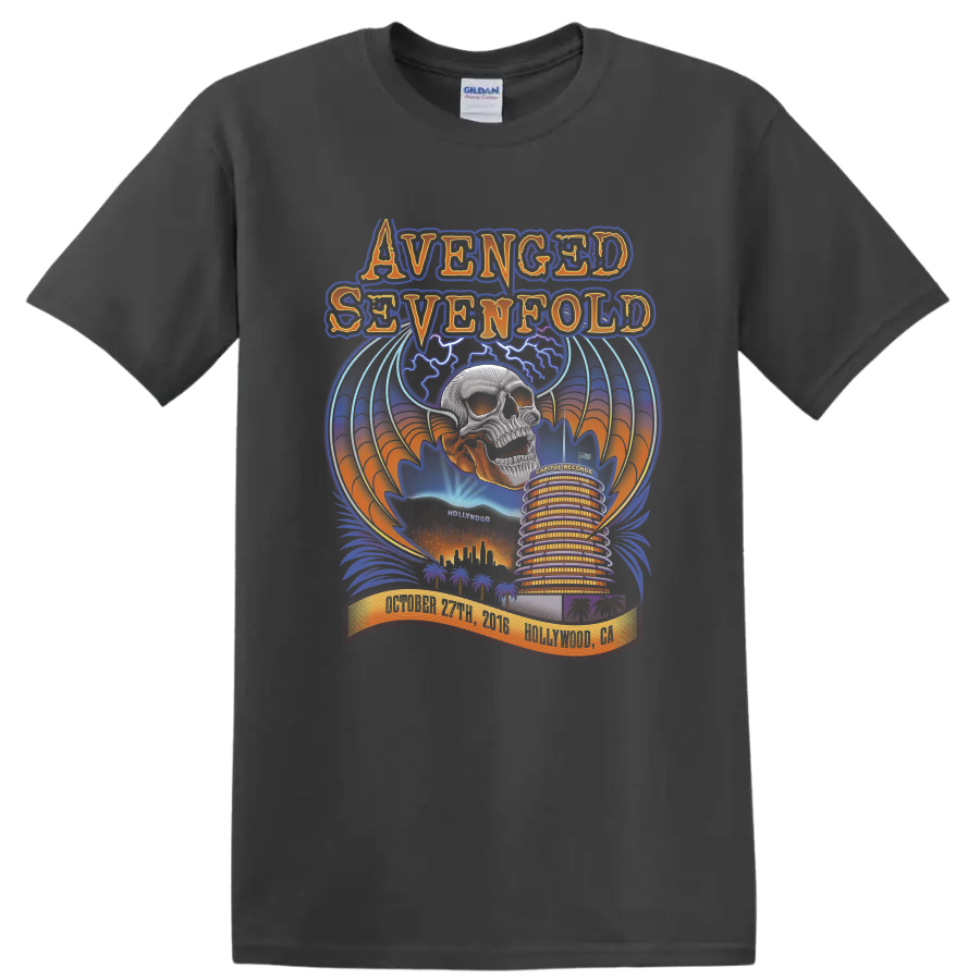 Avenged Sevenfold Deathbat skull and wings over a colorful Hollywood concert poster scene on a Charcoal T Shirt