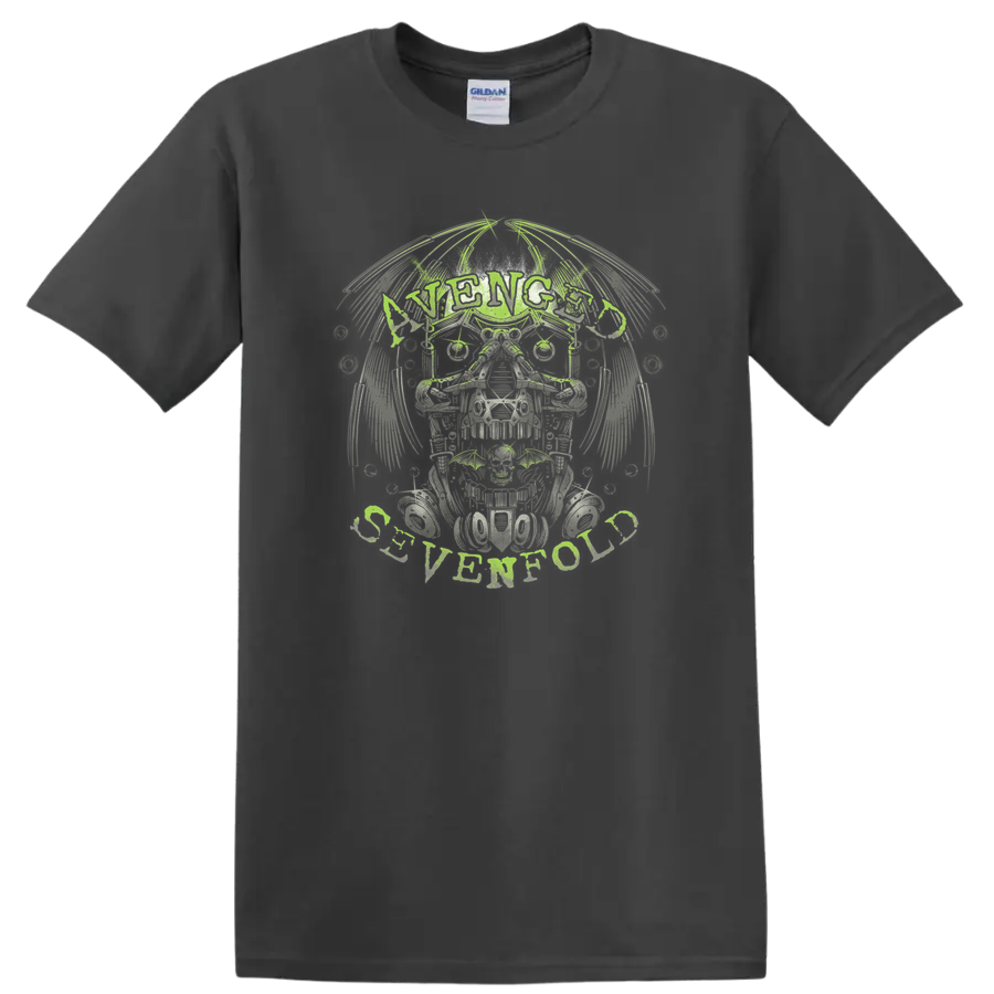 Avenged Sevenfold Deathbat skull with wings in distressed rock-metal illustration on a Charcoal T Shirt