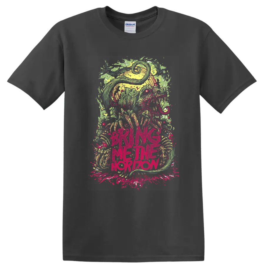Bring Me the Horizon psychedelic creature artwork with neon splatters and distressed text on a Charcoal T Shirt