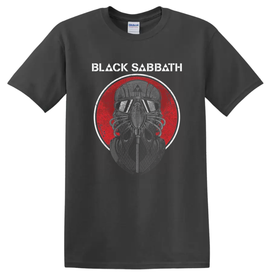 Black Sabbath helmeted skull graphic with goggles and distressed red circle on a Charcoal T Shirt