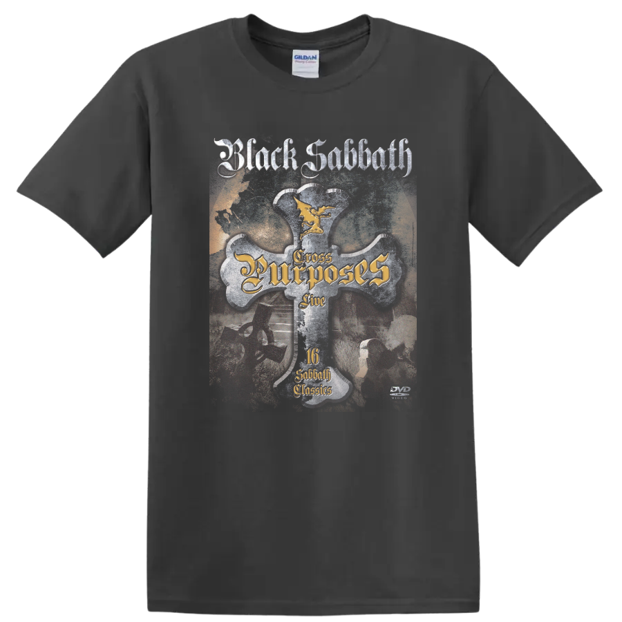 Black Sabbath Cross Purposes Live gothic cross with winged figure and distressed lettering on a Charcoal T Shirt