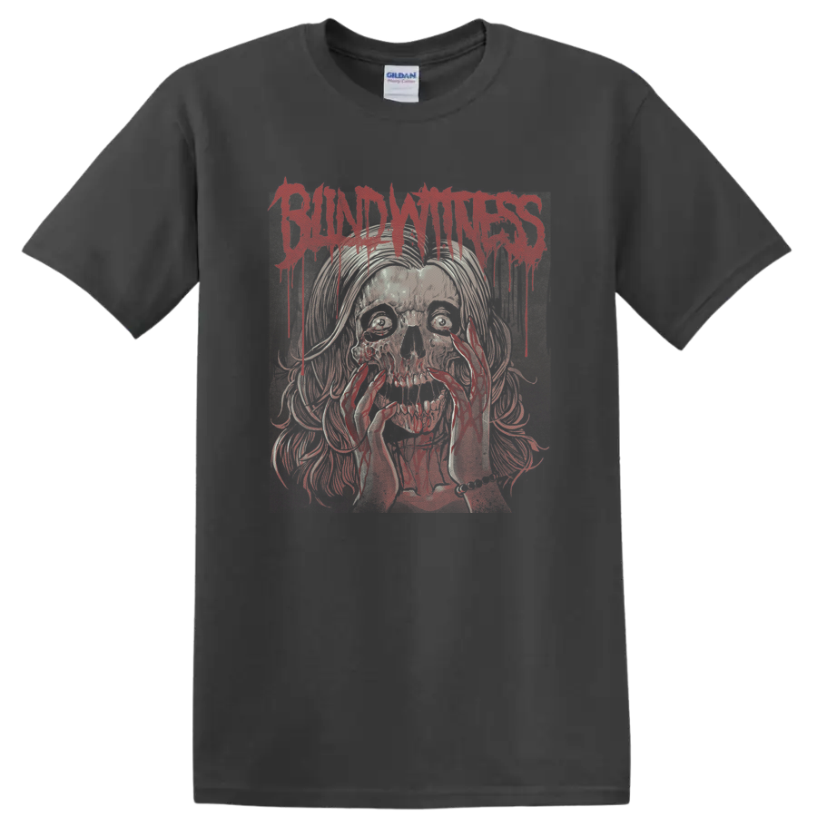 Blind Witness dripping red logo above a distressed skull horror illustration on a Charcoal T Shirt