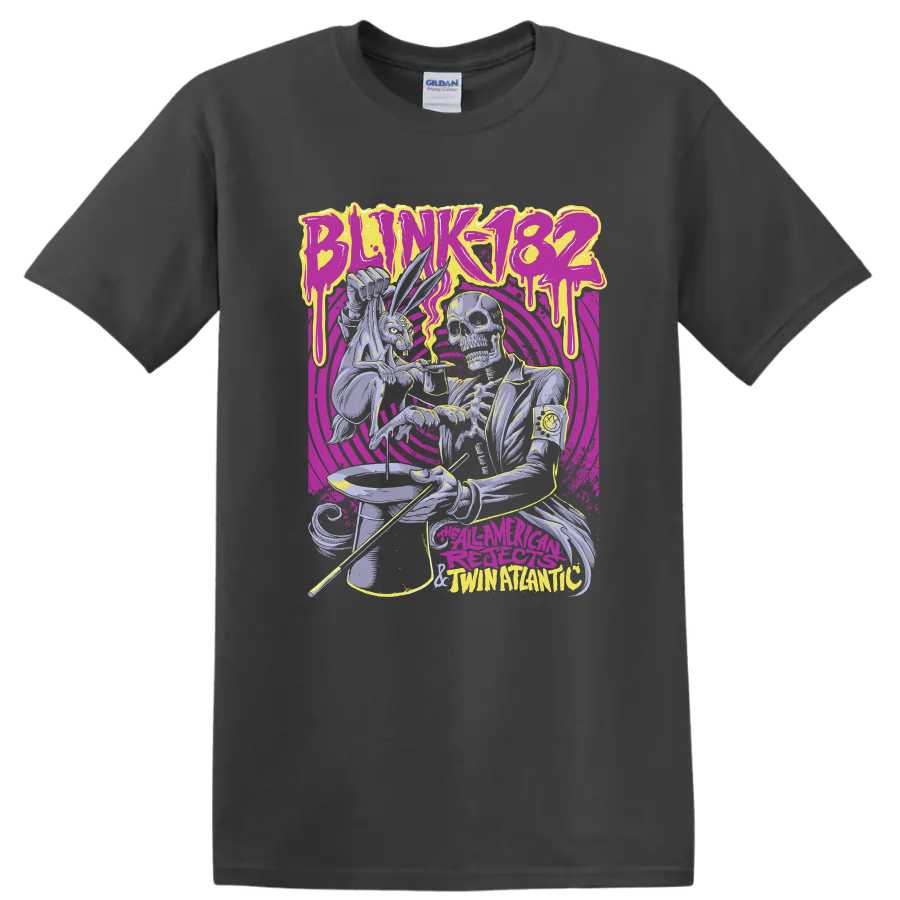 Blink-182 inspired skeleton punk graphic with neon dripping lettering and spiral rings on a Charcoal T Shirt
