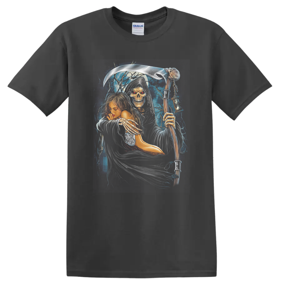 Hekate-inspired gothic skeleton reaper and goddess with scythe and lightning on a Charcoal T Shirt