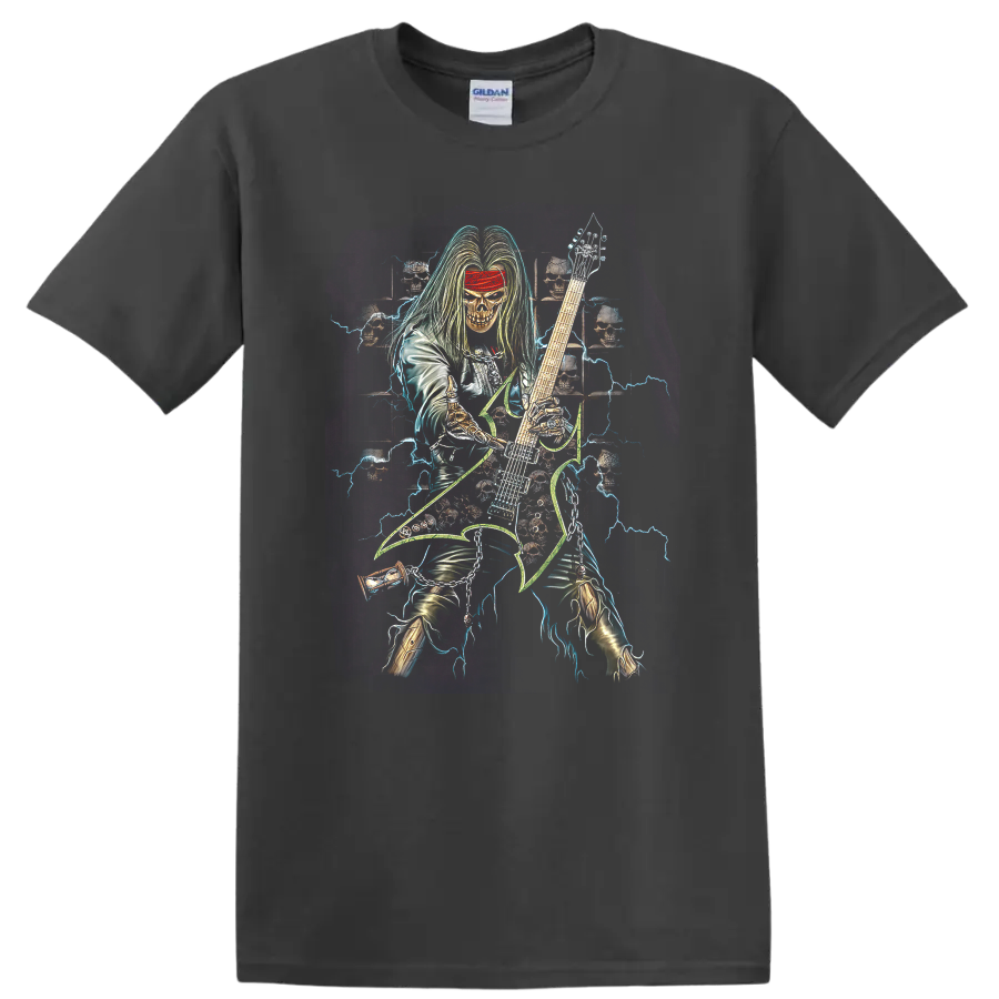 Neon skull-faced guitarist with lightning, skulls, and electric guitar metal artwork on a Charcoal T Shirt