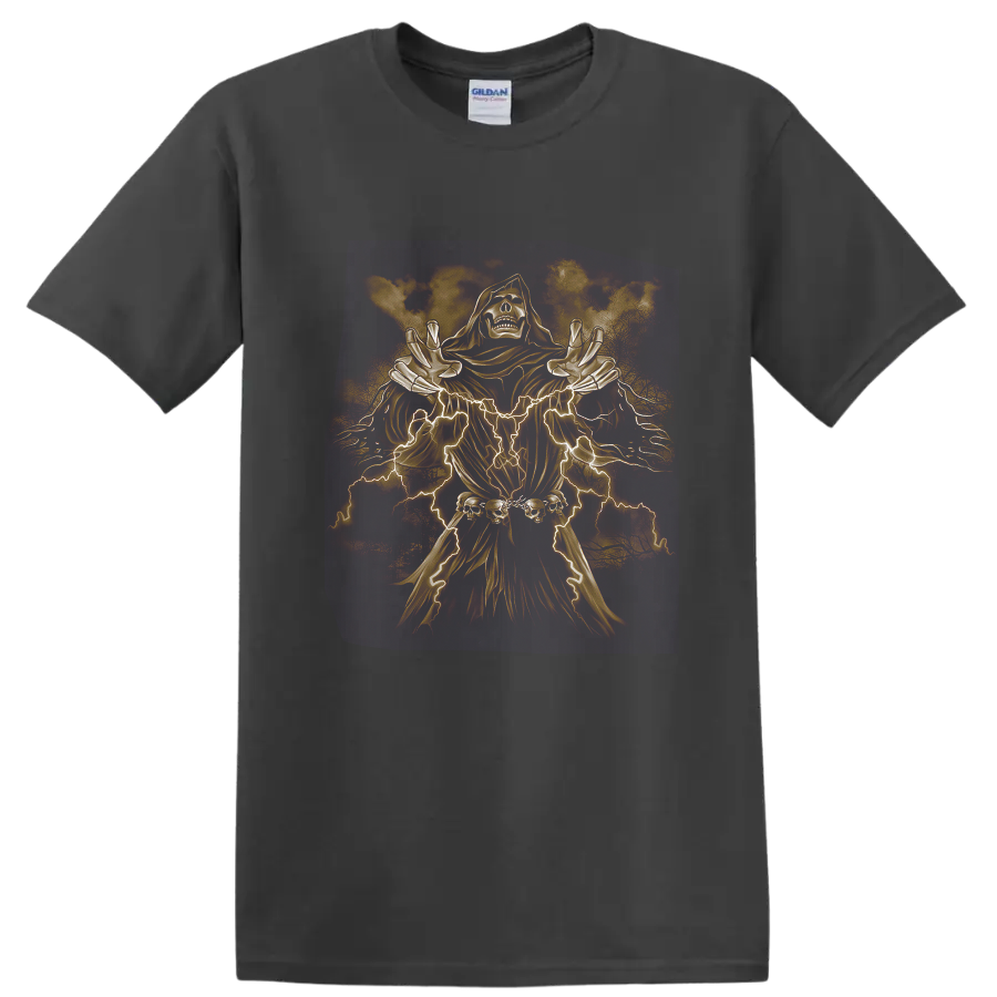 Neon skeletal reaper in a hooded robe with lightning, skulls, and dark fantasy metal art on a Charcoal T Shirt
