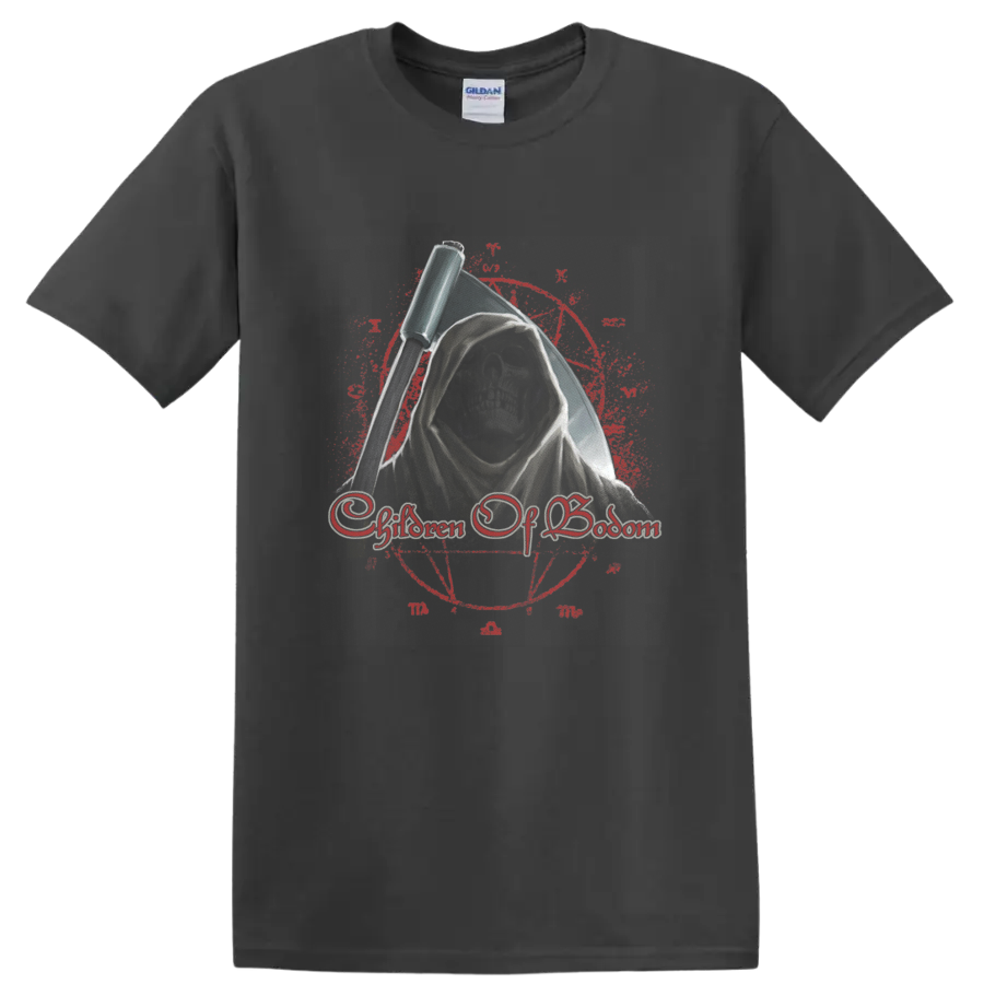Children of Bodom hooded grim reaper with scythe and distressed gothic emblem on a Charcoal T Shirt