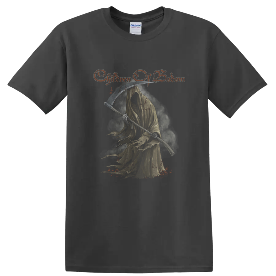 Children of Bodom Roy Grim Reaper with scythe and distressed orange script on a Charcoal T Shirt