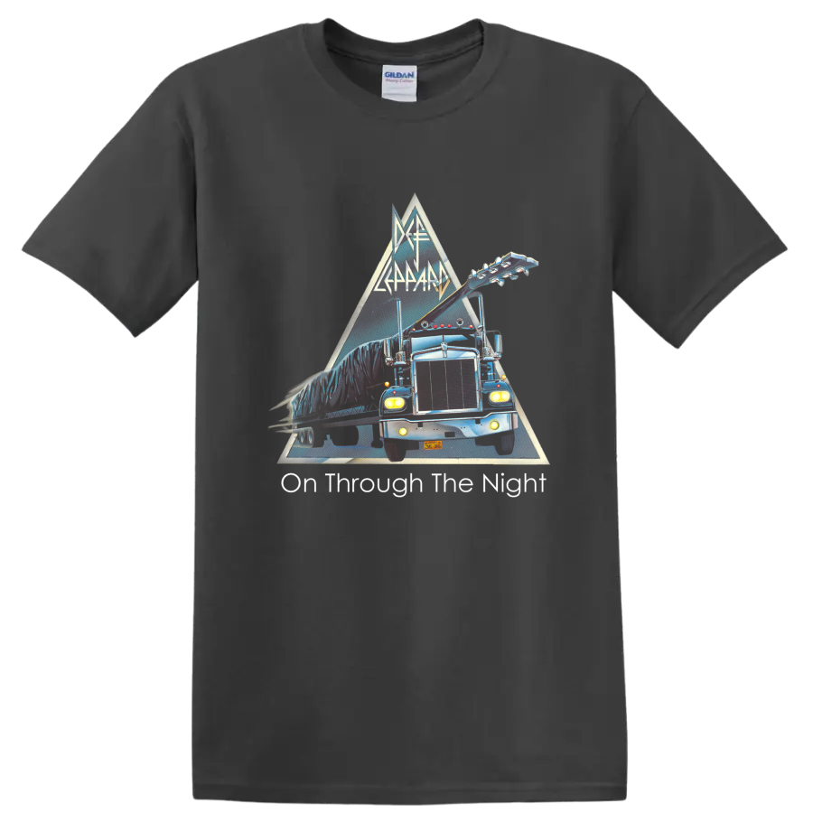 Def Leppard On Through the Night neon tour truck and guitar triangle graphic on a Charcoal T Shirt