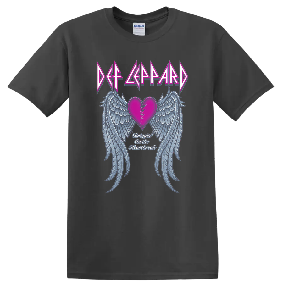 Def Leppard logo over cracked pink heart, blue angel wings, and Heartbreak script on a Charcoal T Shirt