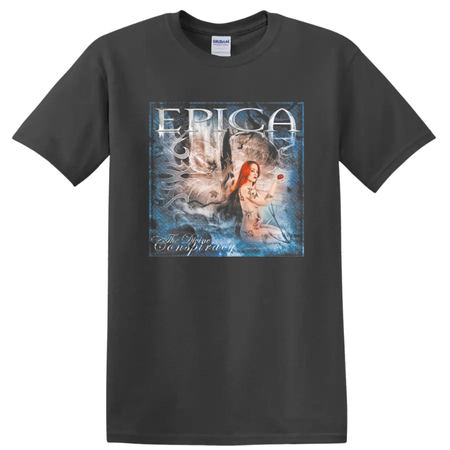 Epica The Phantom Agony Simone Simons portrait in a distressed blue collage style on a Charcoal T Shirt