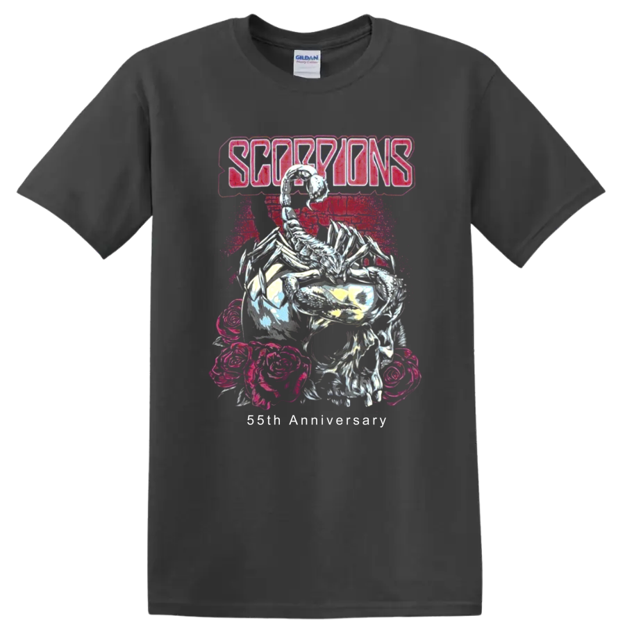 Scorpions logo above skeleton, roses, and neon pink distressed rock artwork on a Charcoal T Shirt
