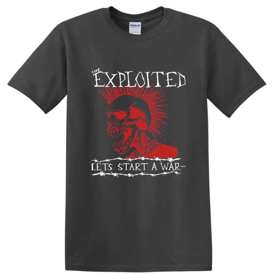 The Exploited Let’s Start a War red mohawk skull punk graphic on a Charcoal T Shirt