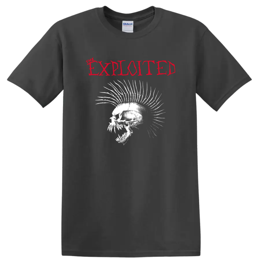 The Exploited distressed red logo above a white spiked skull punk graphic on a Charcoal T Shirt