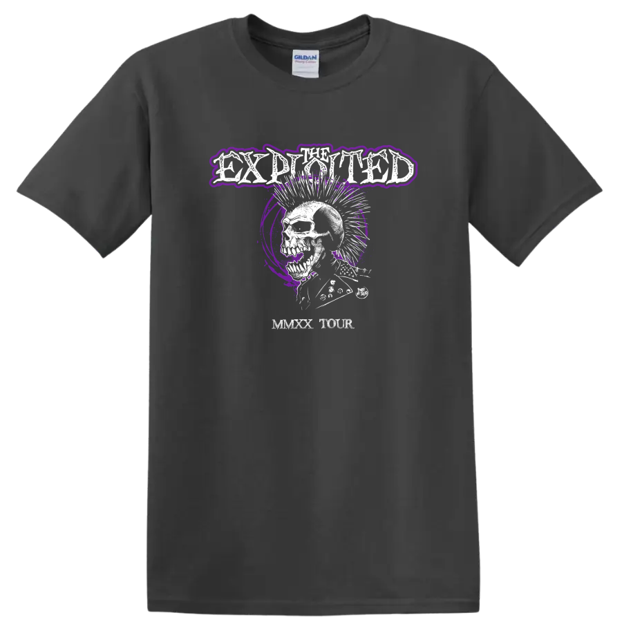 The Exploited distressed skull graphic with purple splatter punk rock artwork on a Charcoal T Shirt