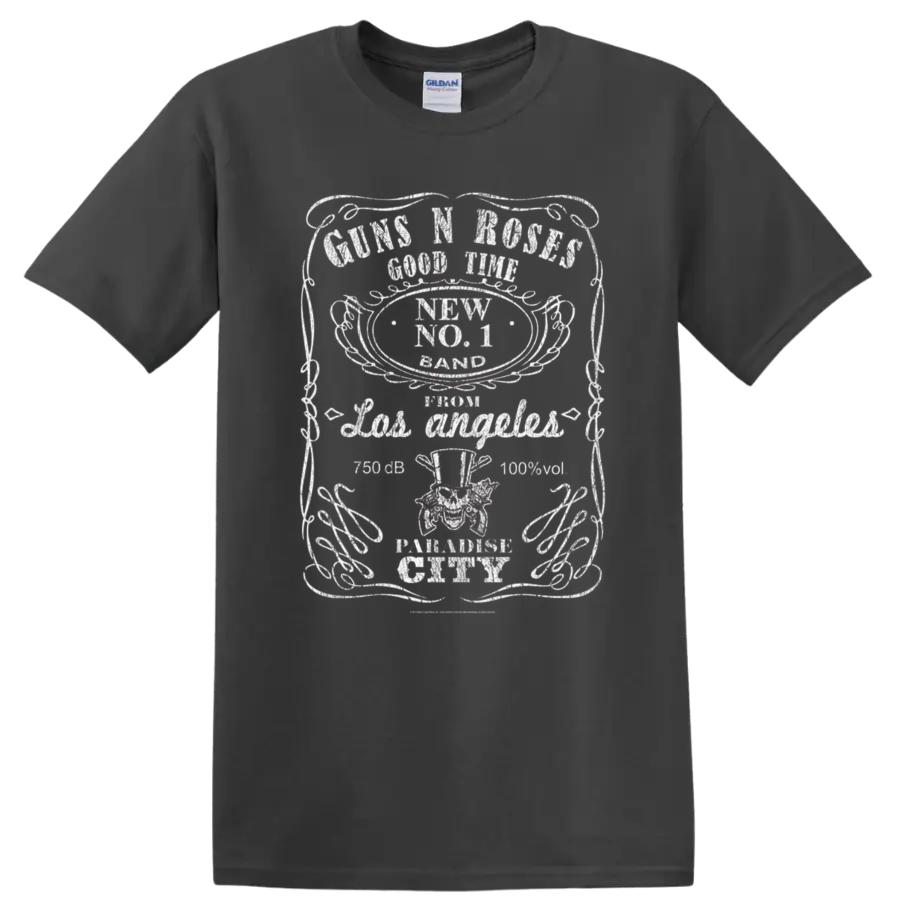 Guns N' Roses distressed rock band emblem graphic with red accents on a Charcoal T Shirt
