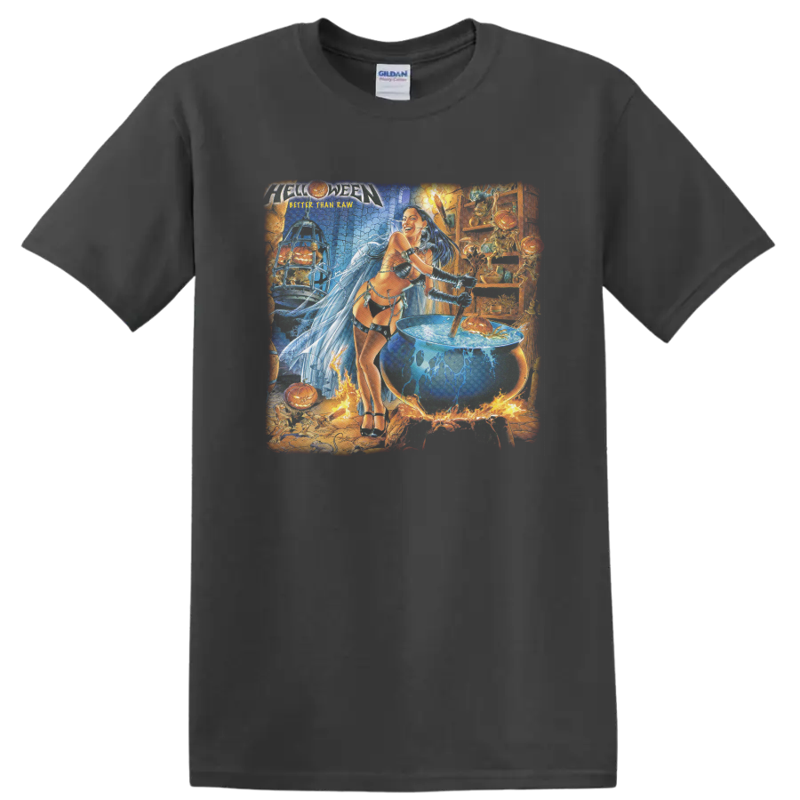 Helloween Better Than Raw fantasy woman, lightning, cauldron and pumpkin artwork on a Charcoal T Shirt
