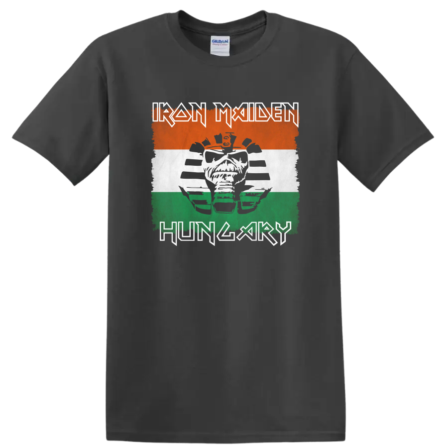 Iron Maiden Eddie face with distressed orange, white, and green tricolor logo art on a Charcoal T Shirt