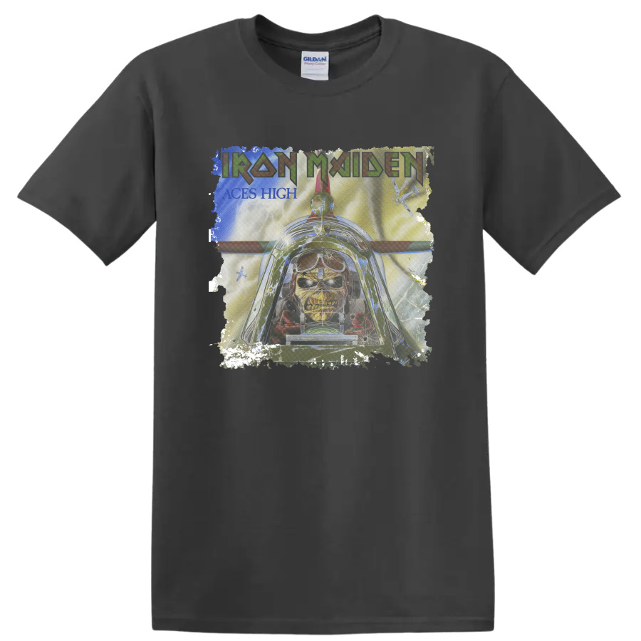 Iron Maiden Aces High Eddie distressed cockpit and fighter plane graphic on a Charcoal T Shirt