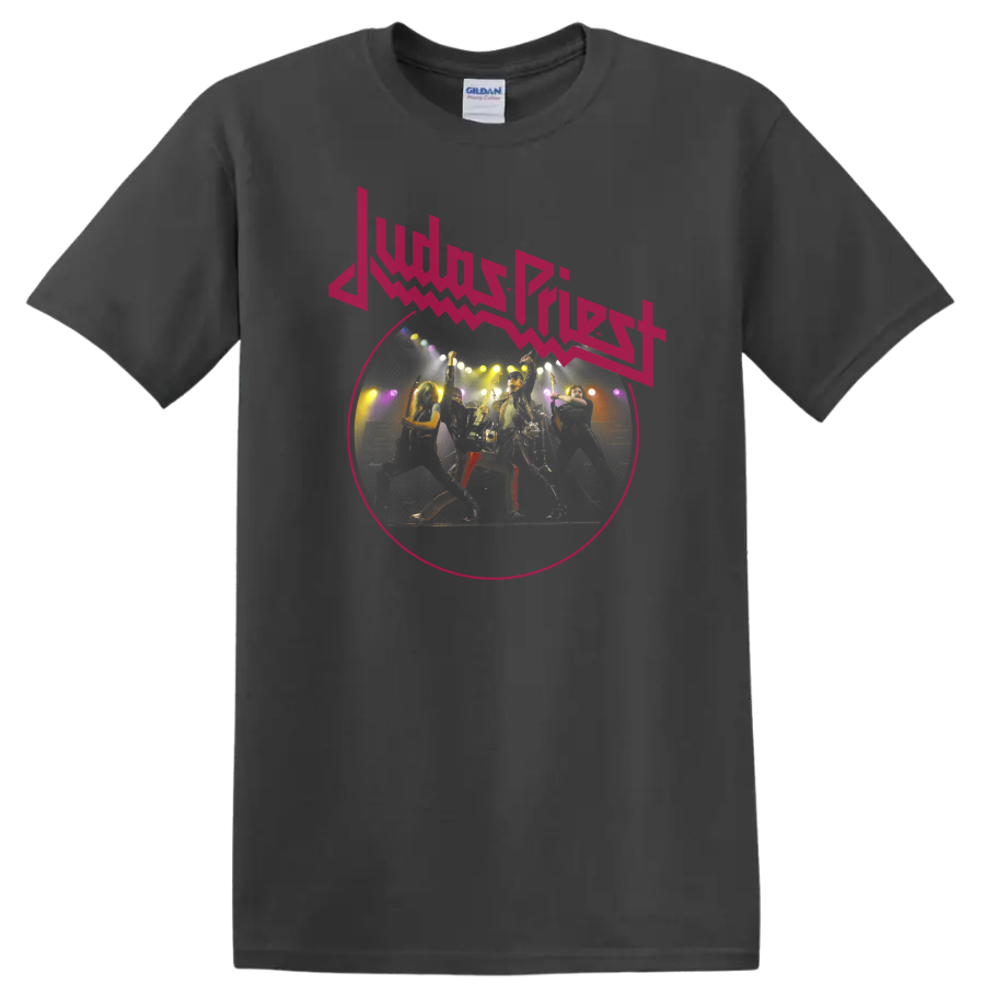 Judas Priest neon pink logo above vintage-style heavy metal concert performance artwork on a Charcoal T Shirt