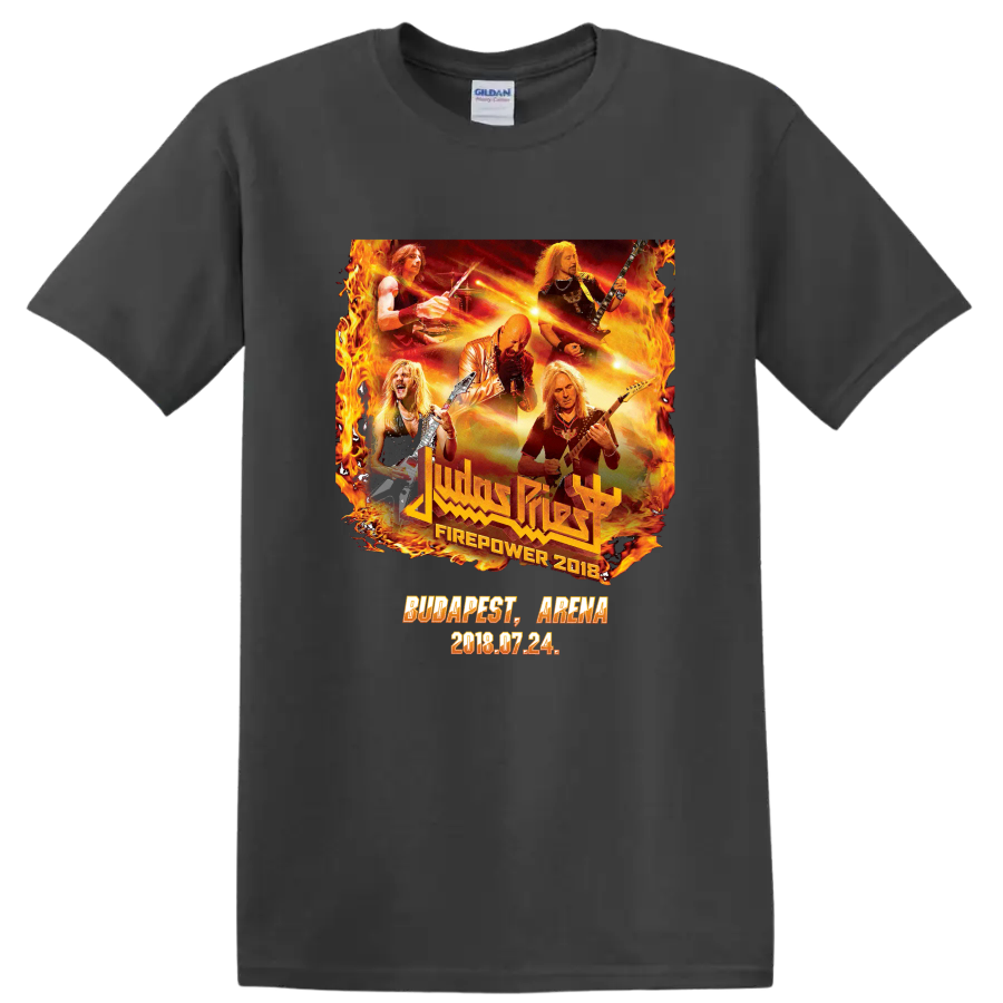 Judas Priest Firepower 2018 Budapest Arena concert collage with flames and guitars on a Charcoal T Shirt