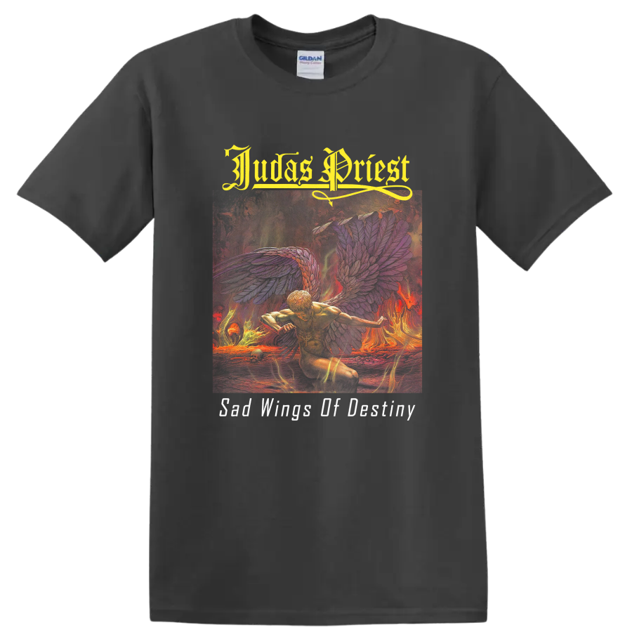 Judas Priest Sad Wings of Destiny flaming angel with wings and gothic lettering on a Charcoal T Shirt