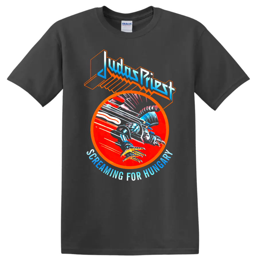 Judas Priest Screaming for Vengeance eagle graphic with red circle and angular logo on a Charcoal T Shirt